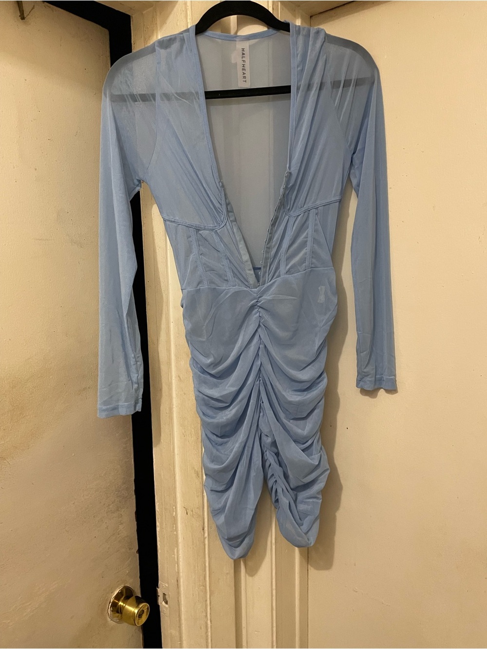 Women’s Blue Mesh Ruched Bodycon Mini Dress Size Large Long Sleeve Deep V